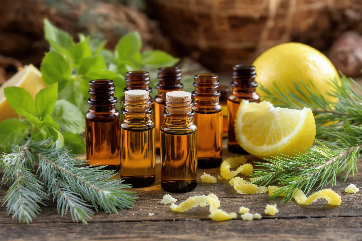 Amber bottles of essential oil with lemons, pine needles, and fresh herbs on wood.