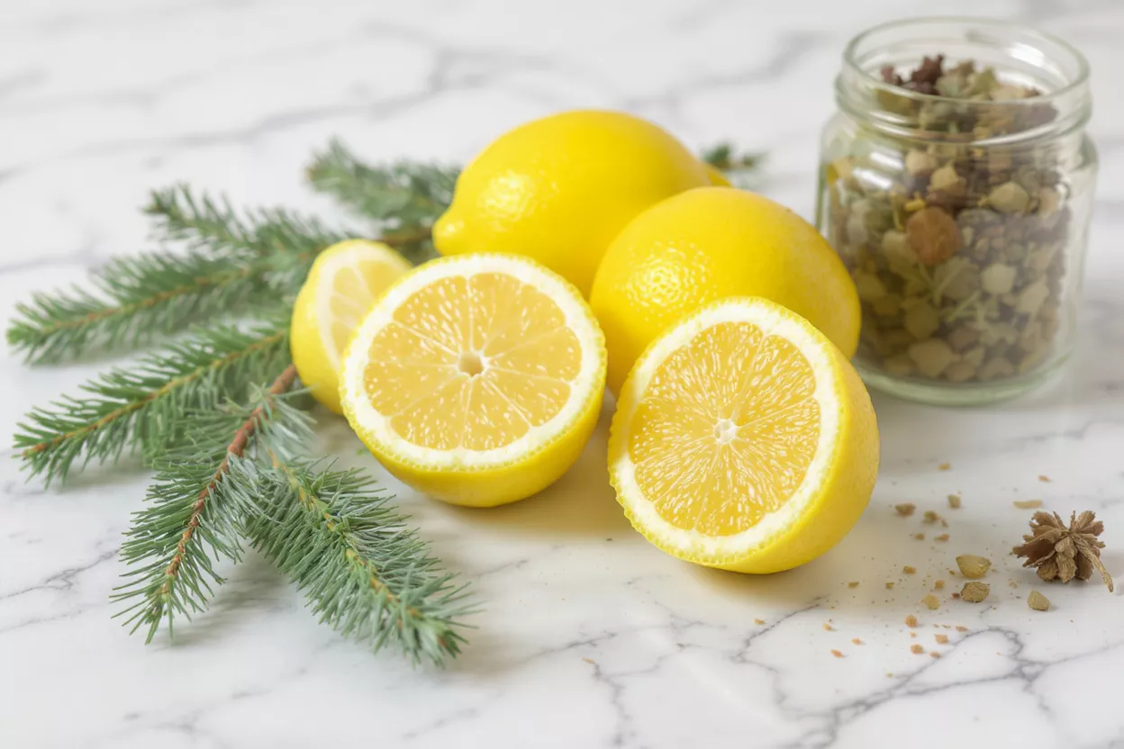 Bright yellow lemons, some halved, with green pine needles and a jar of spices.
