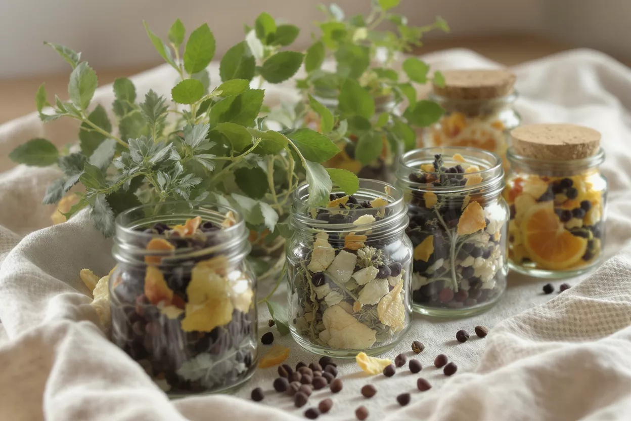 Small glass jars filled with dried herbs, spices, and fruit on a linen cloth.