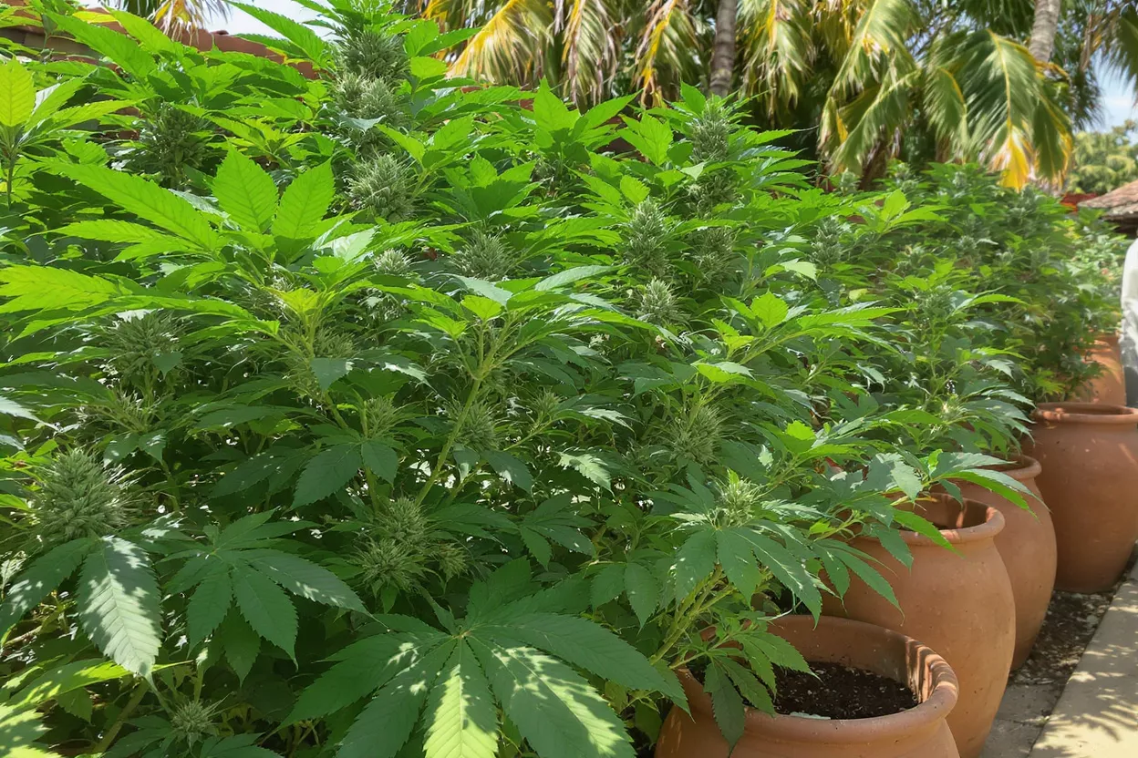 Lush green cannabis plants with visible buds growing in terracotta pots outdoors.