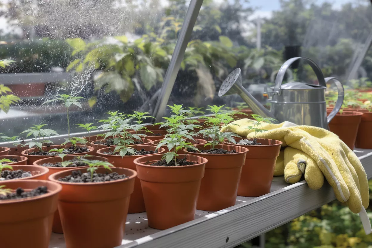 Rows of young cannabis seedlings in terracotta pots inside a sunny greenhouse.