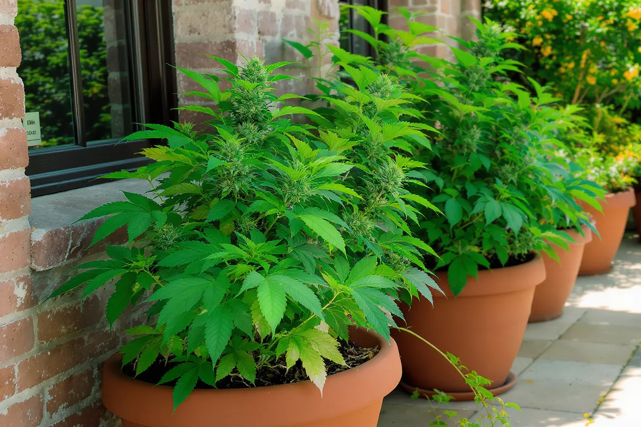 Several vibrant green cannabis plants in terracotta pots lined up outdoors by a brick wall.