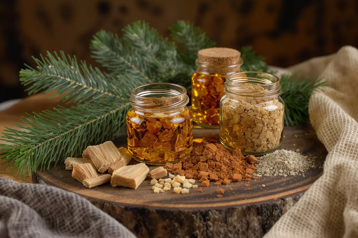 Jars of pine resin and natural extracts with pine branches on a wooden board.