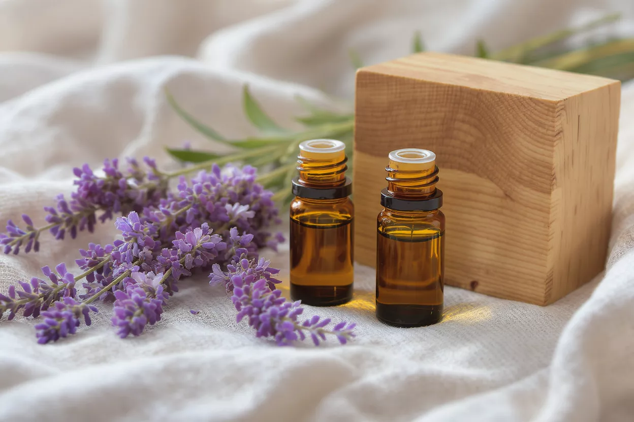 Two amber bottles of lavender essential oil with fresh lavender sprigs.