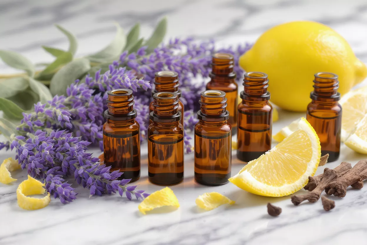 Aceites Esenciales con Lavanda y Limón Frascos ámbar de aceites esenciales con lavanda, limones y especias sobre mármol.