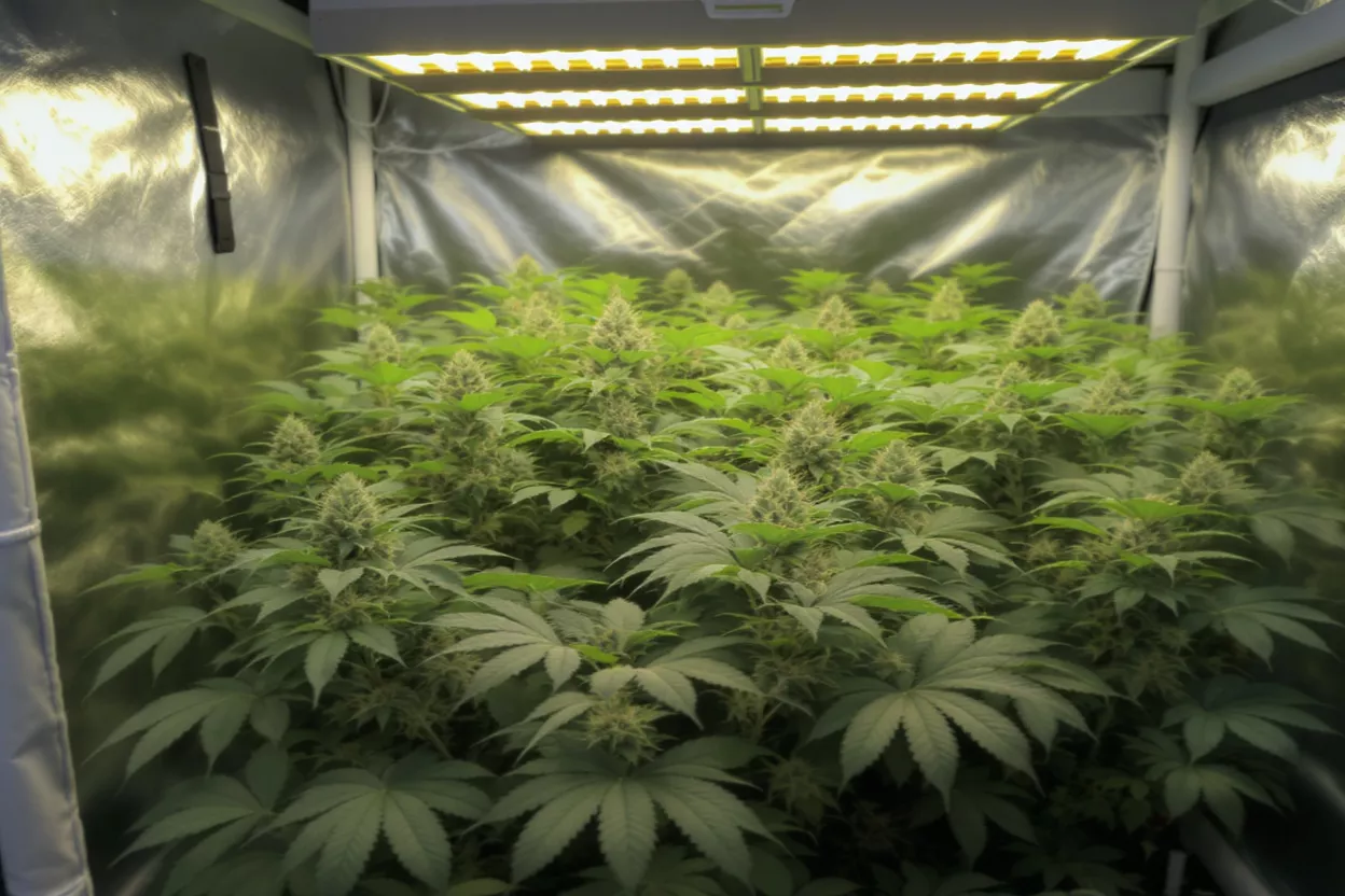 Plantes de cannabis sous LED Plantes de cannabis luxuriantes avec bourgeons en développement sous des lampes LED de culture lumineuses dans une tente.