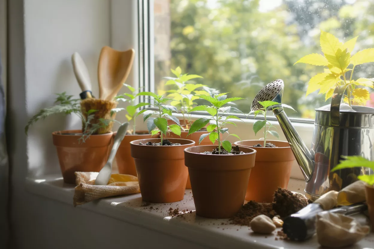 Small green seedlings in terracotta pots on a windowsill with gardening tools.