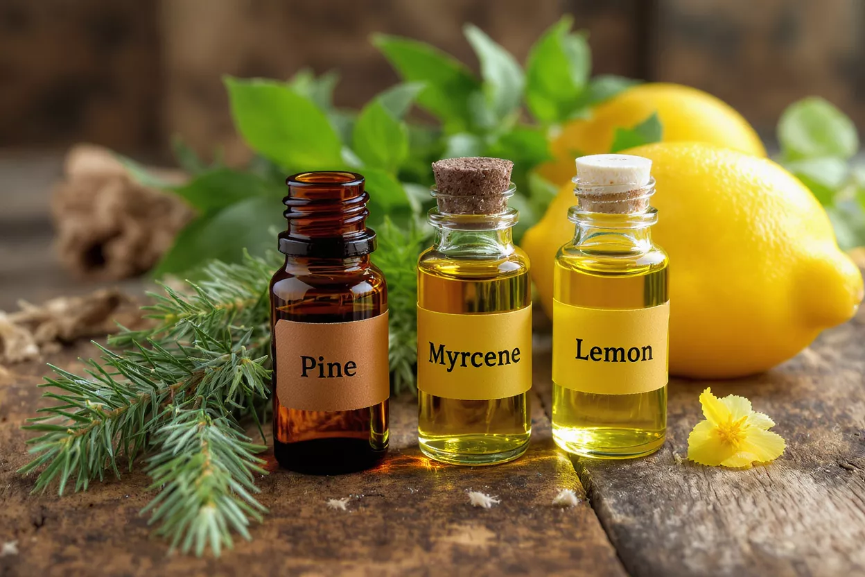Three bottles of essential oils labeled Pine, Myrcene, and Lemon on a wooden surface.