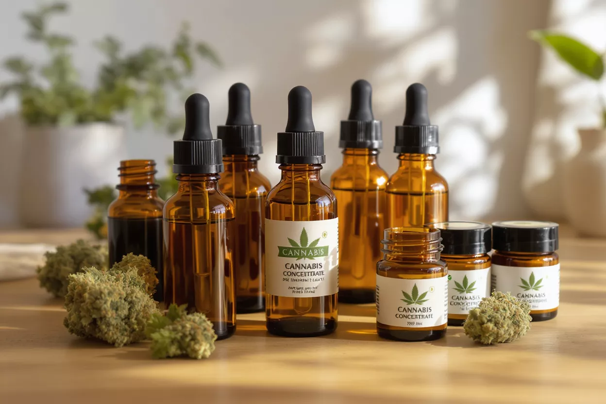 Huiles et Bourgeons de Concentré de Cannabis Flacons compte-gouttes ambrés et petits pots de concentré de cannabis avec des bourgeons séchés.