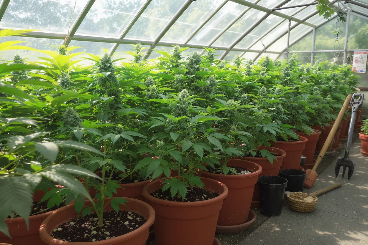 Rows of healthy cannabis plants with budding flowers growing in a greenhouse.