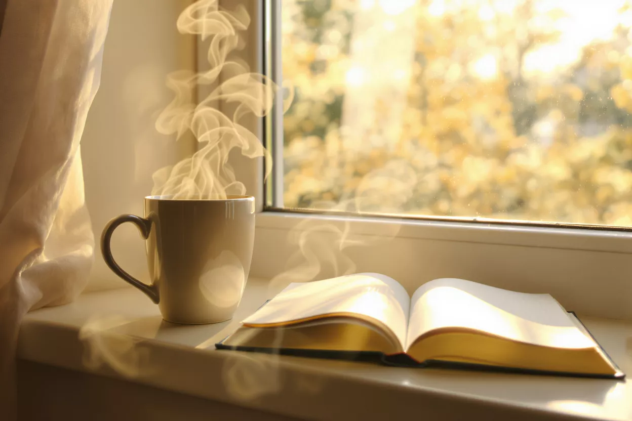 Steaming coffee mug and open book on a sunlit windowsill with autumn view.