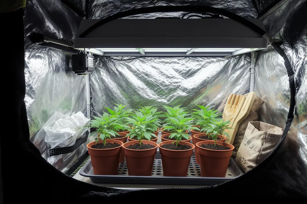 Small cannabis plants thriving under LED lights in an indoor grow tent.