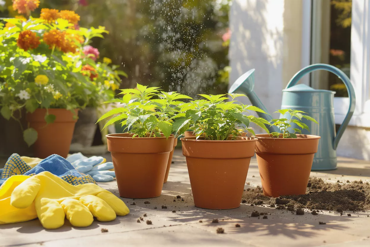 Small green plants in terracotta pots being watered on a patio.