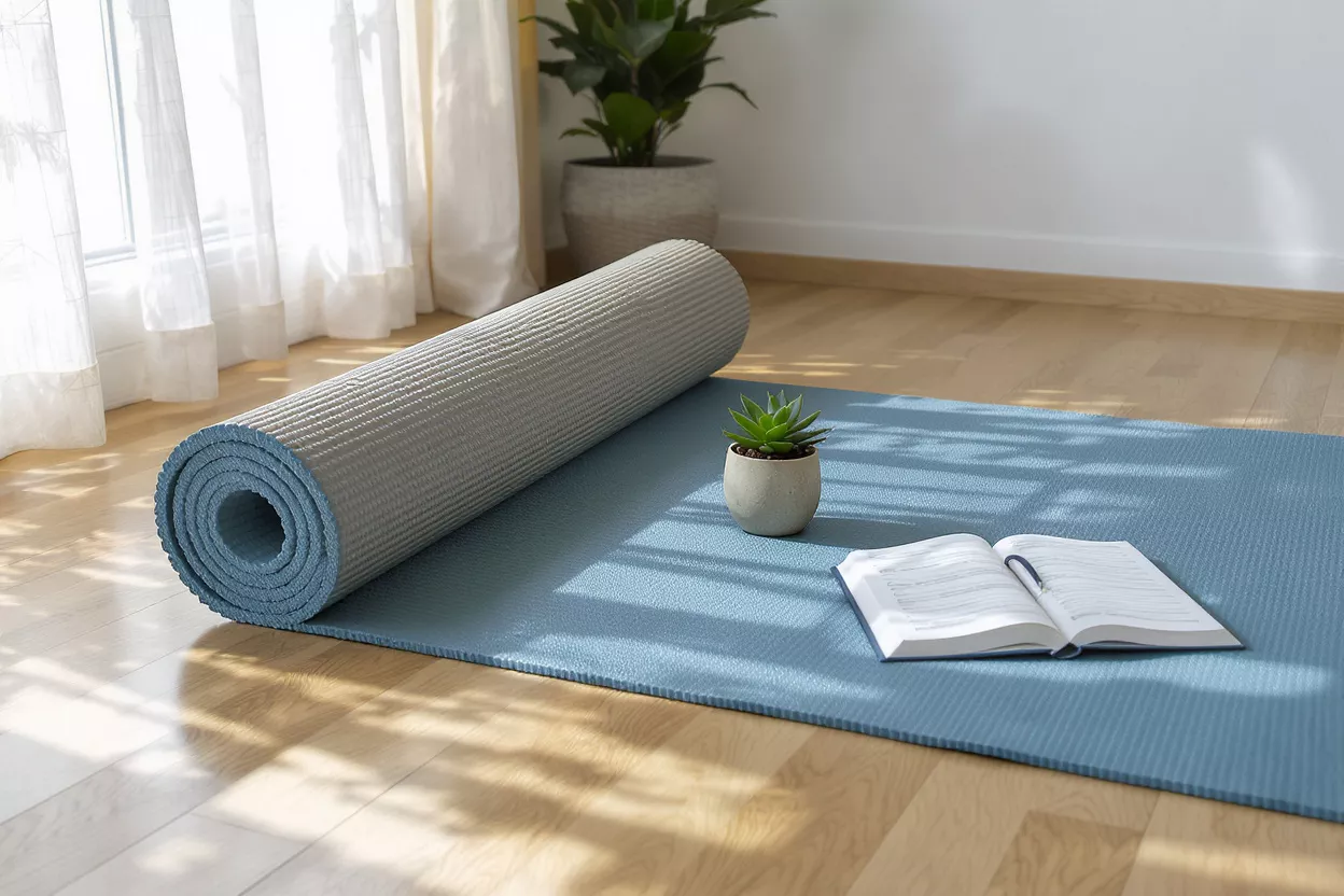 Esterilla de yoga y libro Una esterilla de yoga azul claro, parcialmente enrollada, con una planta suculenta y un libro abierto.