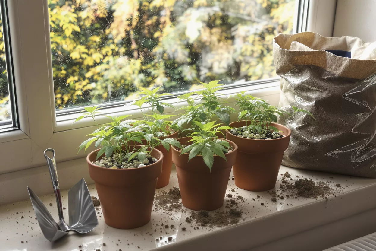 Small green plants in terracotta pots on a windowsill with gardening tools.