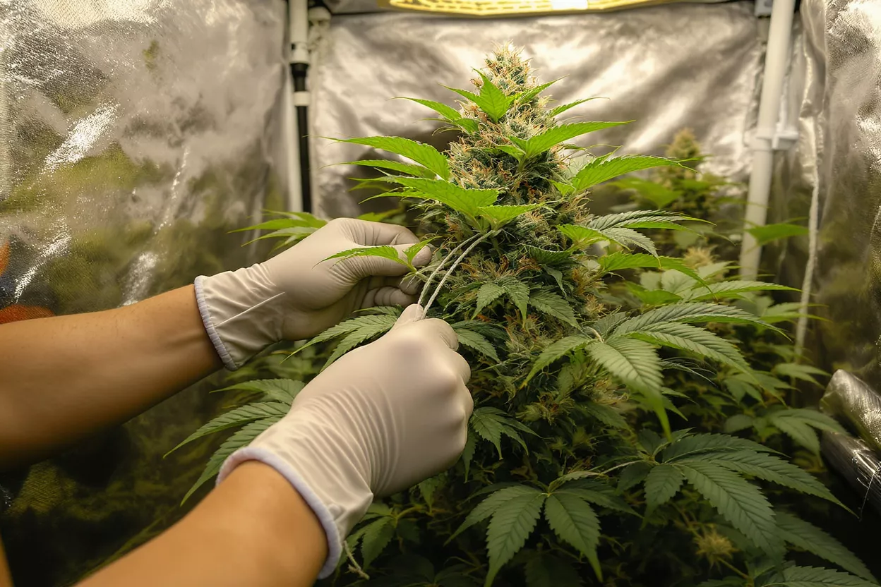 Gloved hands training a cannabis plant in an indoor grow tent.