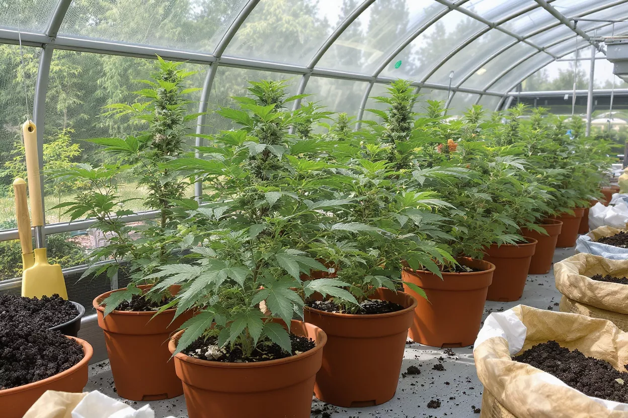 Row of healthy cannabis plants in terracotta pots inside a sunlit greenhouse.