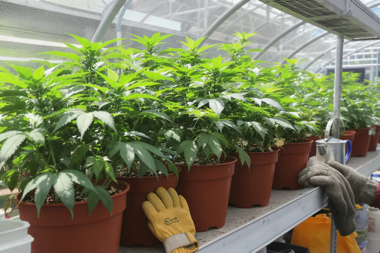 Rangée de plantes de cannabis vert vif en pots à l'intérieur d'une serre lumineuse.