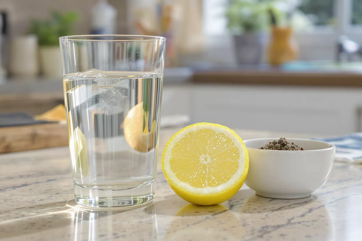 Glass of water, half a lemon, and a bowl of capers on a kitchen counter.
