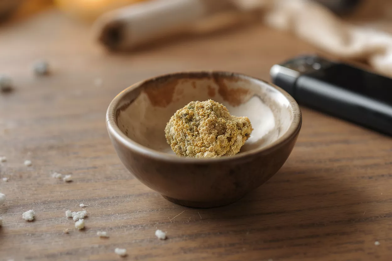 Kief Moon Rock in Ceramic Bowl A kief-coated moon rock sits in a small ceramic bowl on a wooden table.