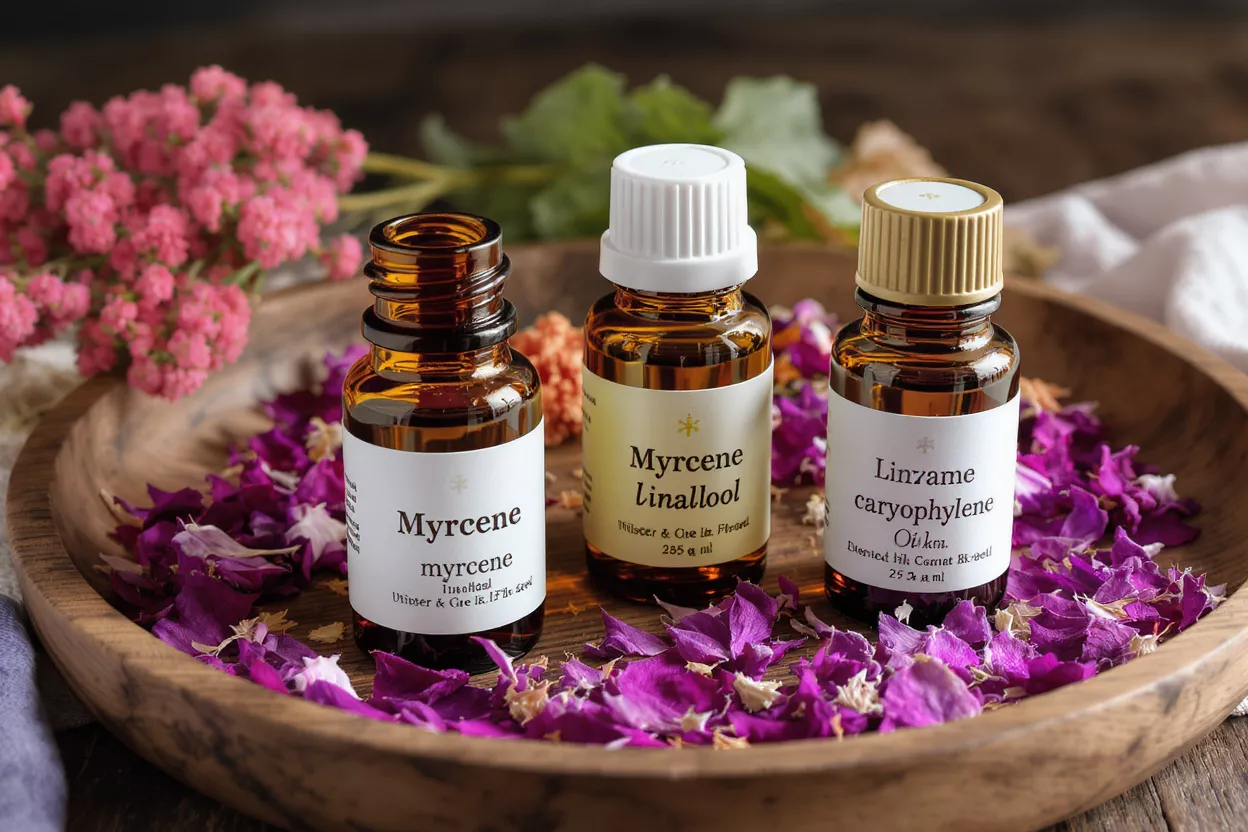 Three amber essential oil bottles on a wooden tray with purple rose petals.