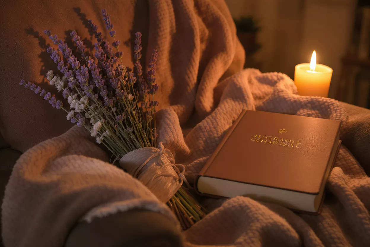 Soirée cosy avec journal et lavande Un journal marron, un bouquet de lavande et une bougie allumée sur une couverture douce.