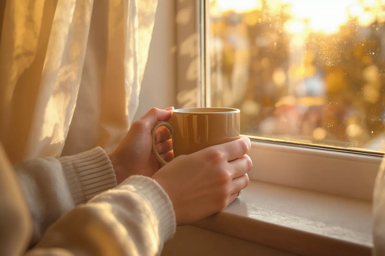 Hands holding a warm mug by a sunlit window with soft curtains.
