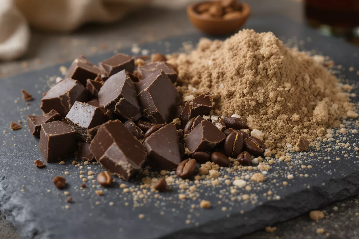 Chocolat, Café et Ingrédients en Poudre Morceaux de chocolat noir, grains de café et poudre brun clair sur une surface en ardoise.
