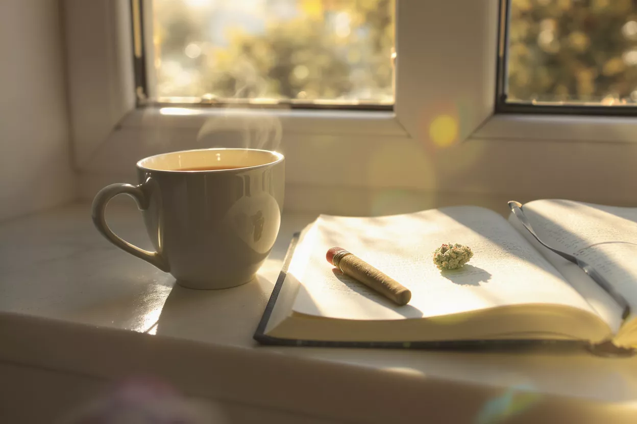 Steaming coffee, cannabis bud, and cigar on a journal by a sunny window.