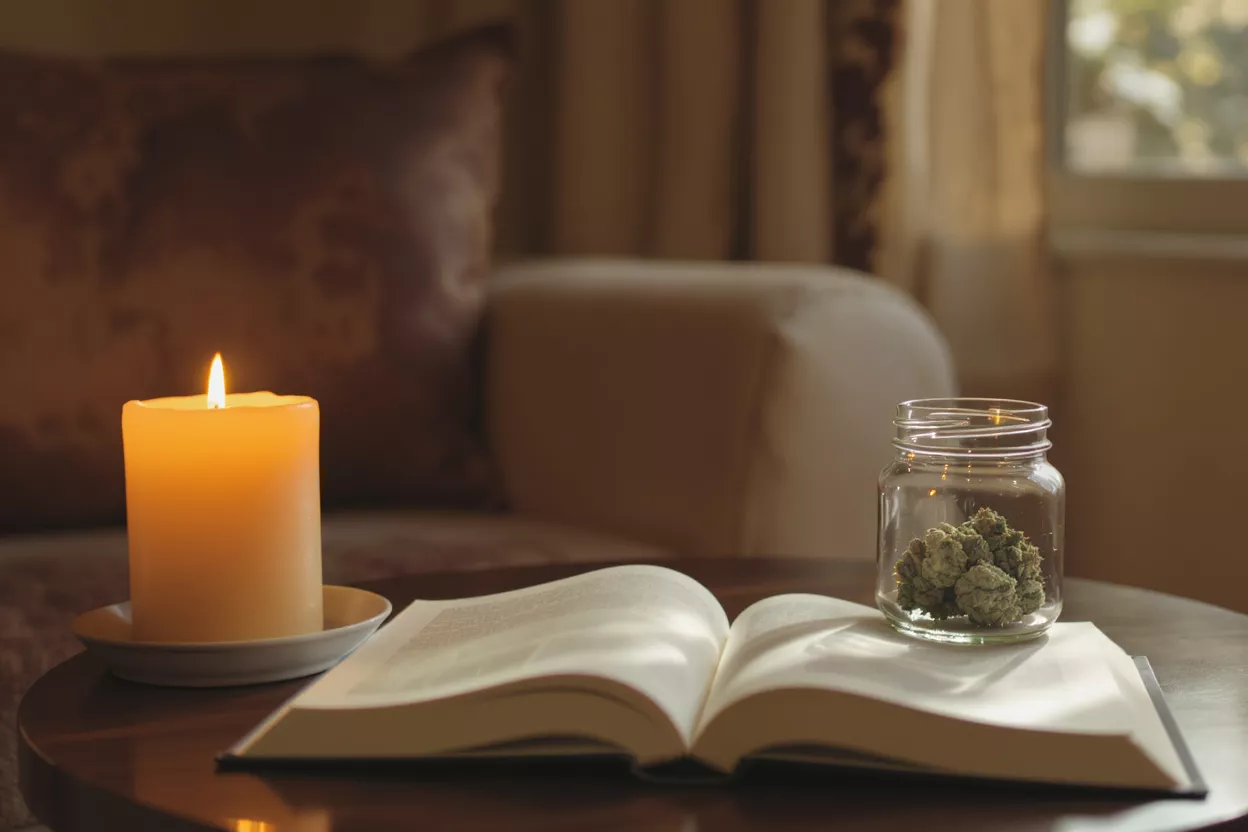 A lit candle, open book, and jar of cannabis buds on a wooden table.