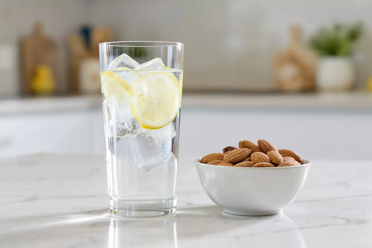 Vaso de agua de limón con hielo y un tazón de almendras sobre una encimera de mármol.