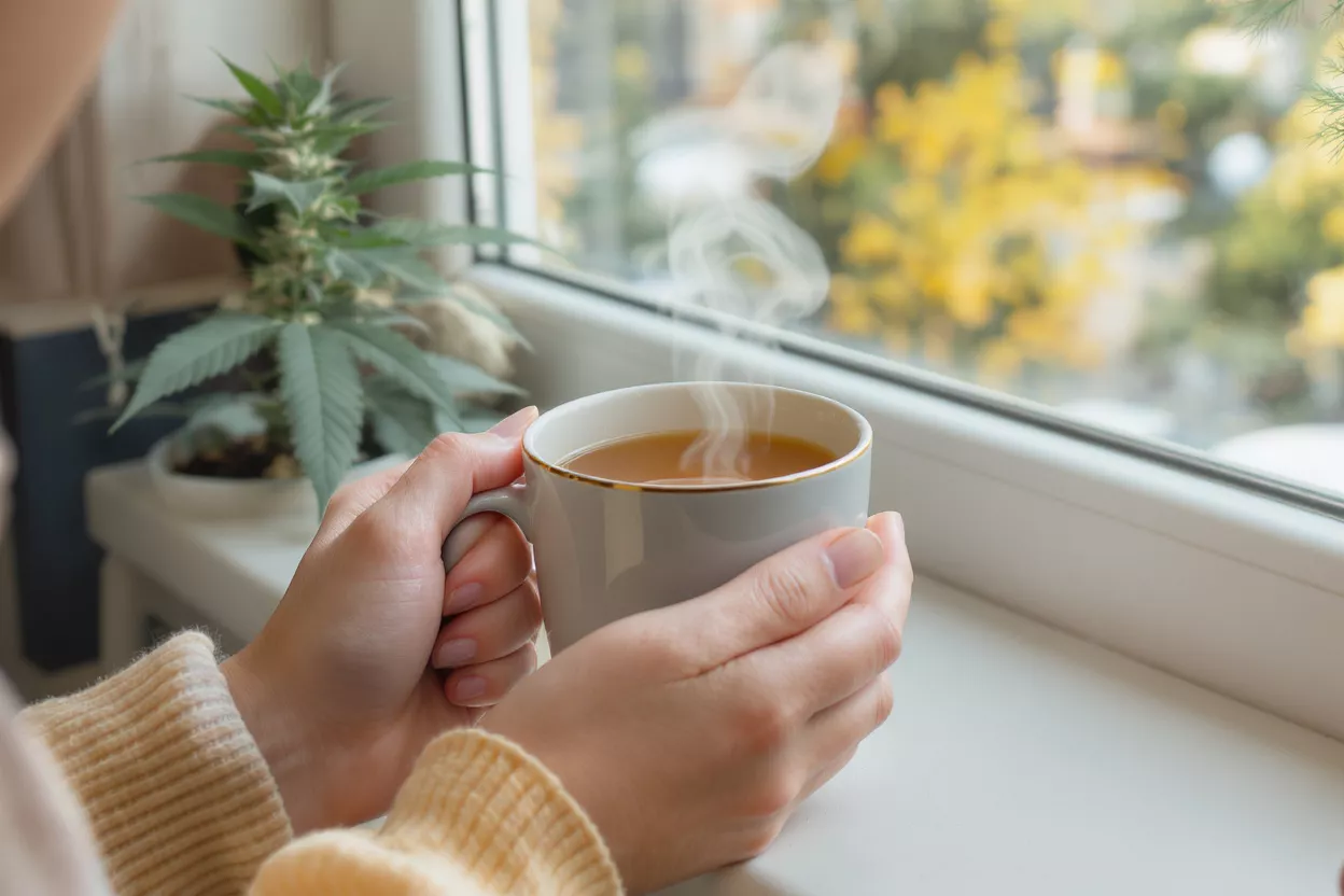 Bebida caliente junto a la ventana Manos sosteniendo una taza humeante de té o café junto a una ventana con una planta de cannabis.