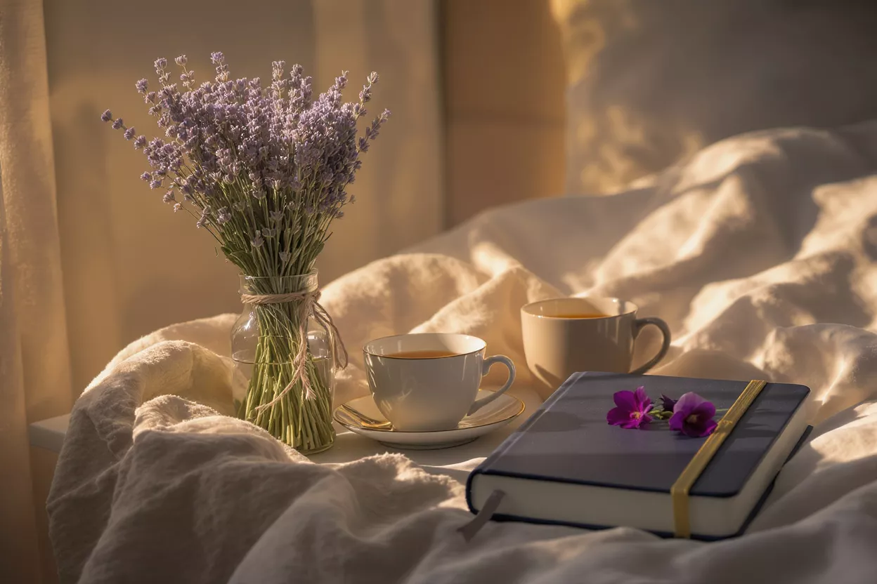 A cozy morning scene with lavender, tea, and a journal on white bedding.