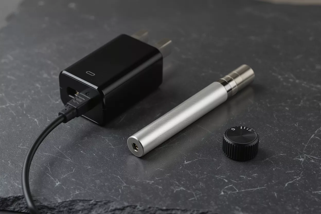 Vape con Cargador y Dial Vape plateado, cargador negro y dial de control negro sobre una superficie oscura.