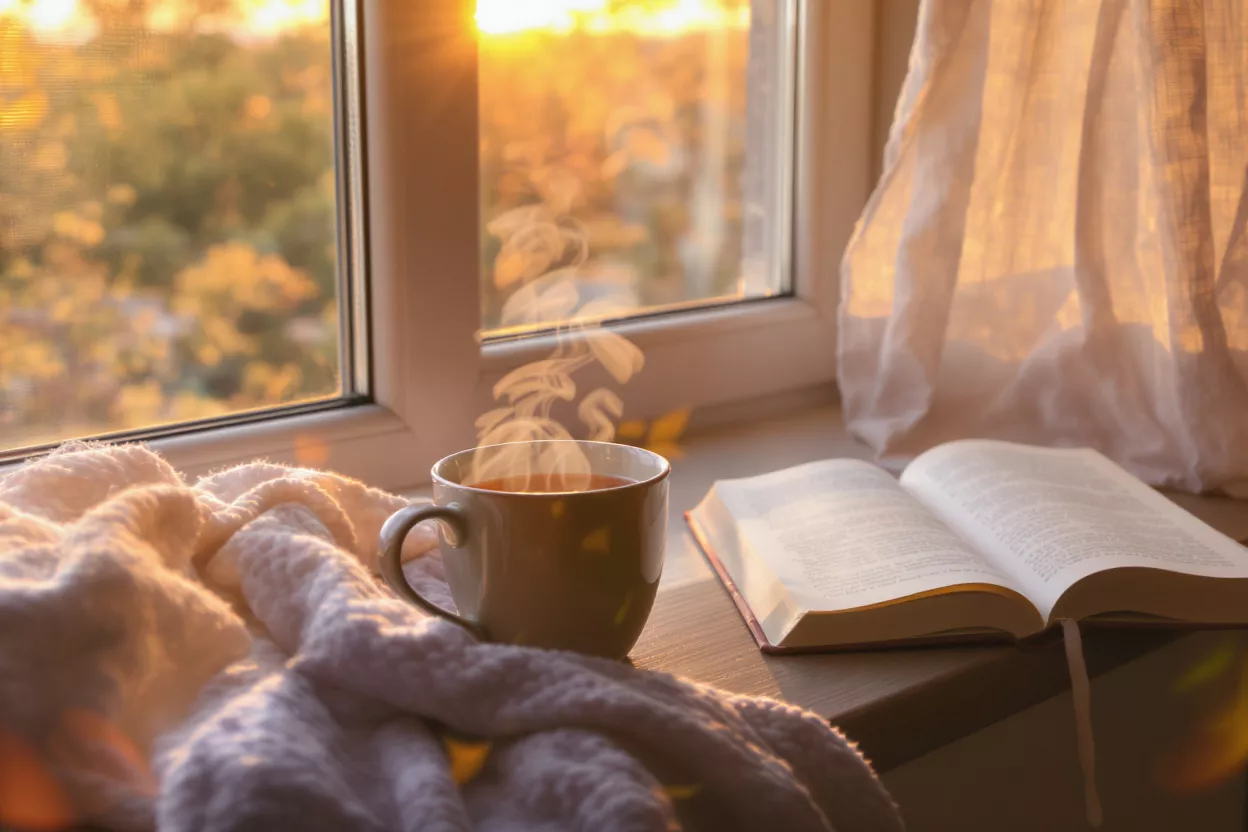 Tasse fumante, livre ouvert et couverture sur un rebord de fenêtre au coucher du soleil.