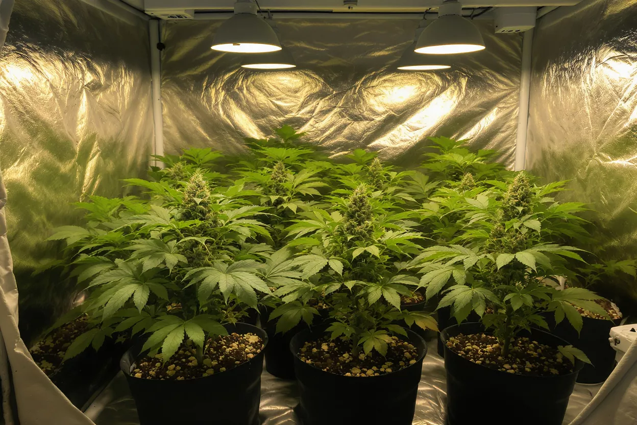 Multiple cannabis plants with buds growing under lights in a reflective grow tent.
