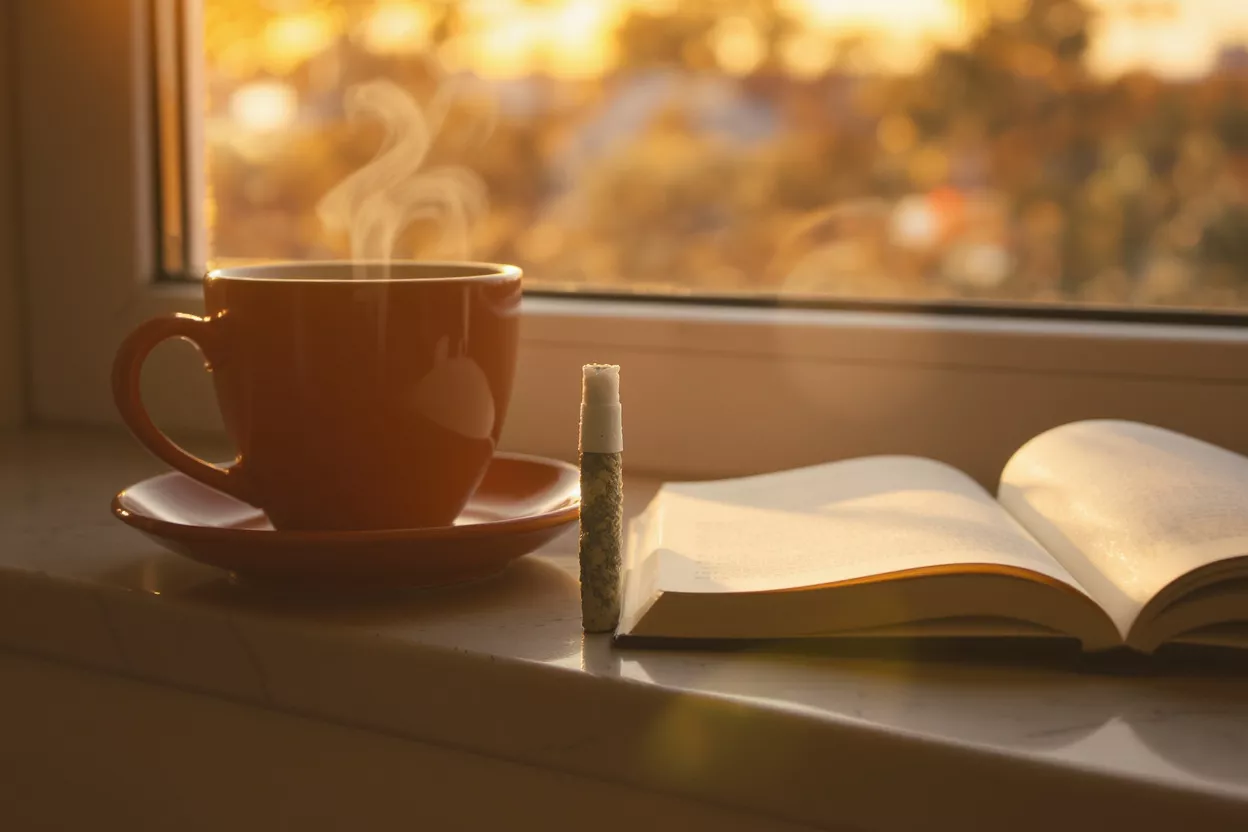 Steaming orange coffee cup, open book, and pre-roll on a sunlit windowsill.