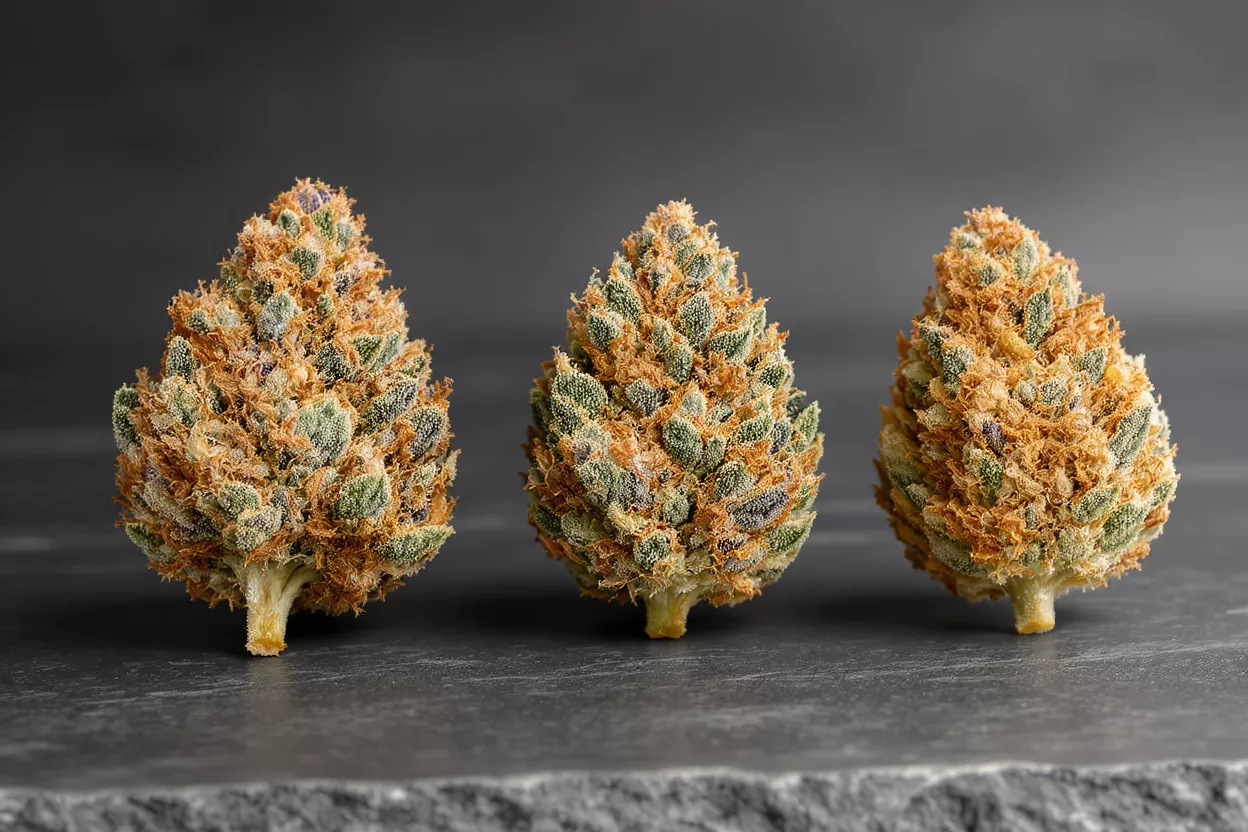 Three vibrant cannabis buds with orange hairs and green leaves on a dark background.