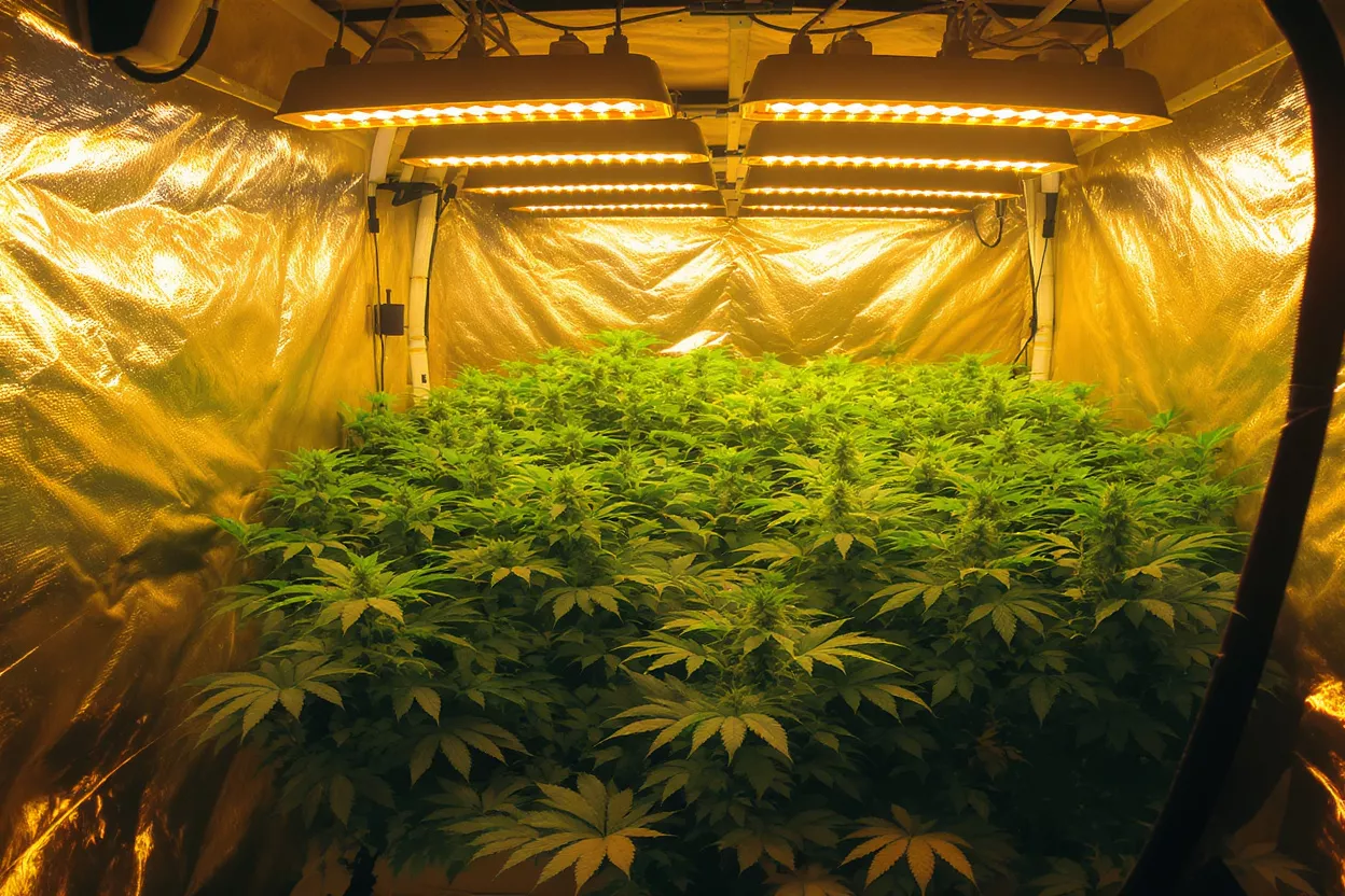 Lush green cannabis plants thriving under bright LED grow lights in a reflective tent.