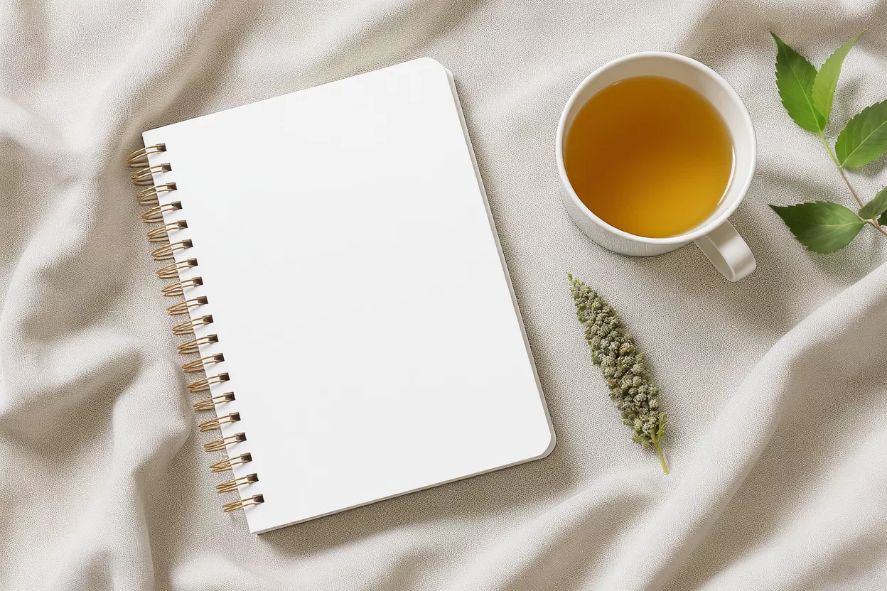 Overhead view of a white spiral notebook, a cup of tea, and a plant.