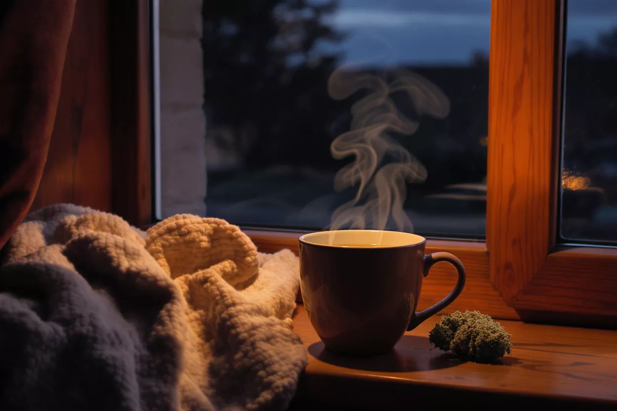 Steaming mug of tea, soft blanket, and cannabis bud on a windowsill at dusk.