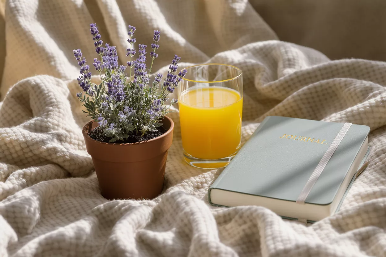 Lavanda en maceta, jugo de naranja y diario sobre una manta acogedora a la luz del sol.