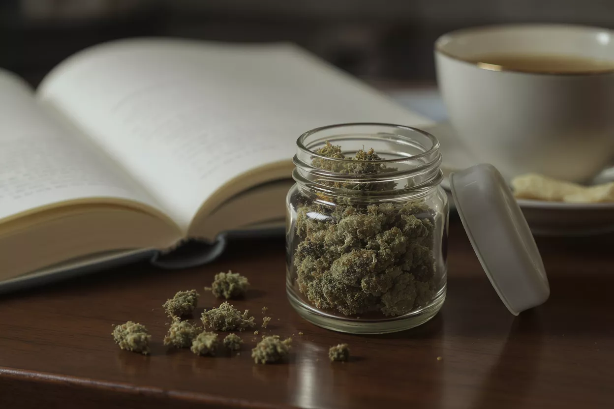 Cannabis buds in a jar with an open book and a cup of tea.