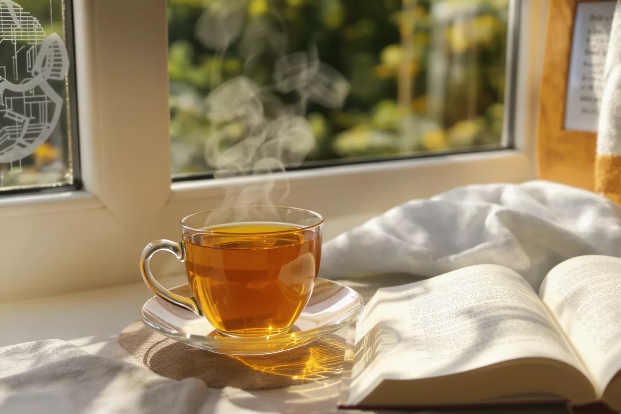 Steaming cup of tea and open book on a sunlit windowsill with green foliage outside.