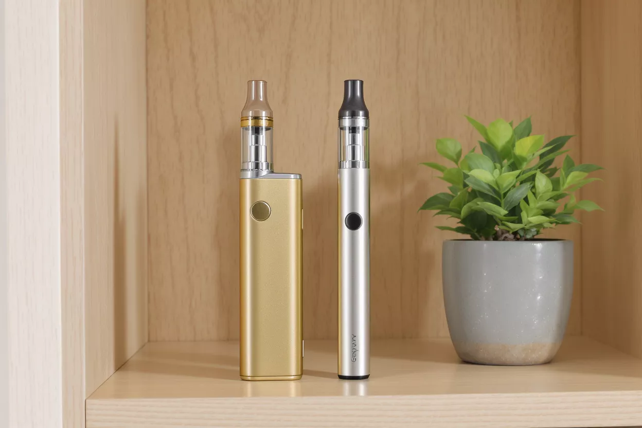 Deux stylos vape, or et argent, à côté d'une petite plante en pot sur une étagère en bois.