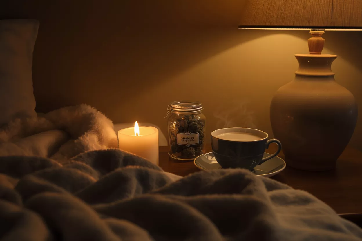 A cozy bedside scene with a lit candle, steaming cup, and jar on a wooden table.