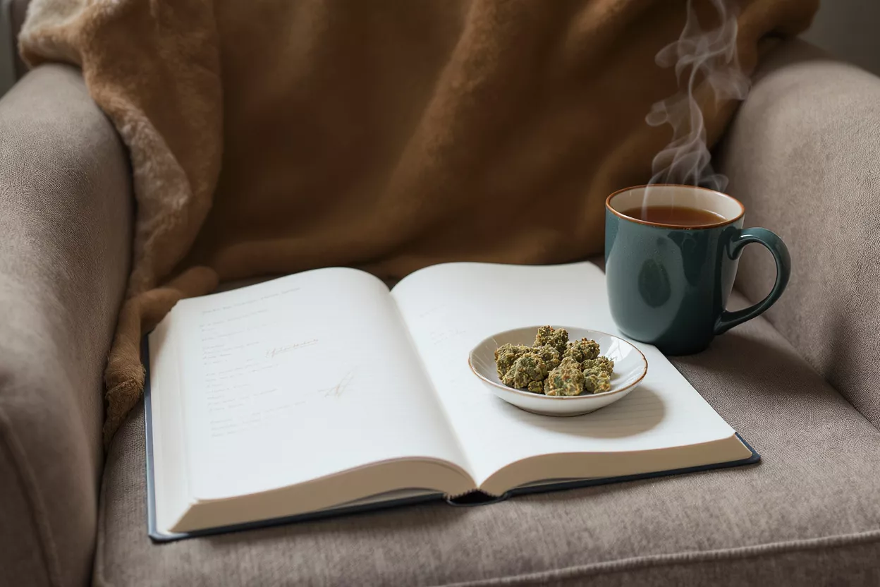 Cannabis buds, steaming tea, and open book on a cozy armchair with a blanket.