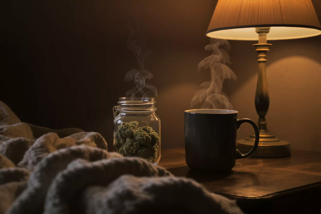 Tasse de café fumante, pot de cannabis et couverture sur une table avec une lumière de lampe chaleureuse.