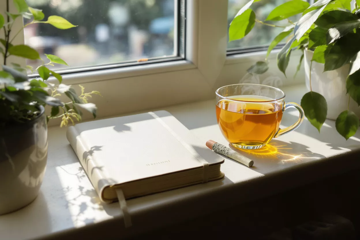 Steaming tea, journal, and cannabis joint on sunlit windowsill with plants.