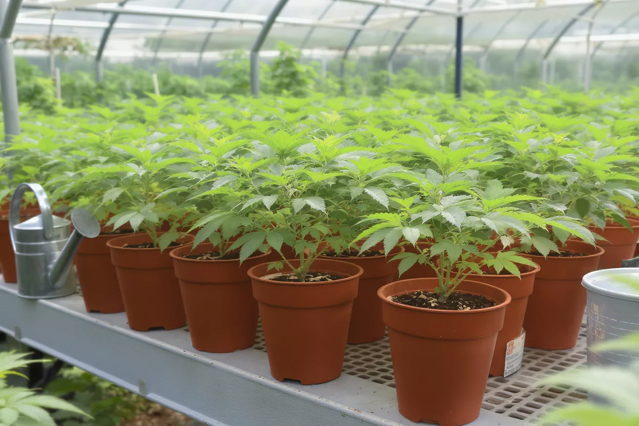 Plantes de cannabis en serre Rangées de jeunes plantes de cannabis en pots marrons à l'intérieur d'une serre lumineuse.